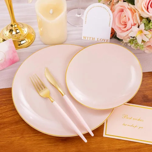 Vista 6 de Liacere 150 platos de plástico, cubiertos de plástico dorado con mango rosa, platos desechables color rosa incluyen 30 platos, tenedores, cucharas