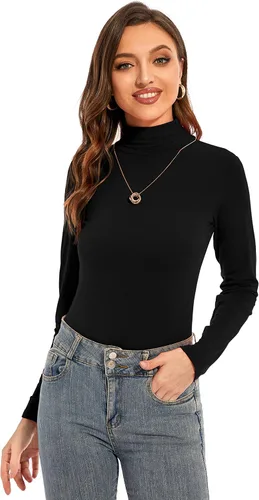 Vista 2 de Camiseta térmica de manga larga para mujer, cuello alto negro, ligera, manga larga, cuello de tortuga negra, talla S