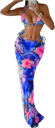 Vista 7 de WDIRARA Conjunto de bikini para mujer de 3 piezas, estampado floral halter con anillos, leopardo, traje de baño con falda de playa Varios