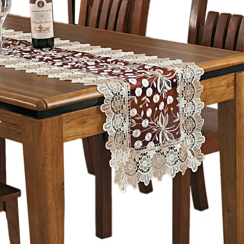 Vista 8 de Camino de mesa con bordado floral de encaje, bufanda rectangular transparente de poliéster para decoración de mesa del hogar, comedor, 16 x 35 Beige