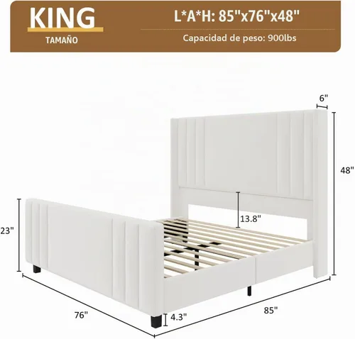 Vista 2 de Albott Base de cama de plataforma tamaño King, cama tapizada con cabecera y pie de cama con respaldo alado capitoné de canales verticales Crema