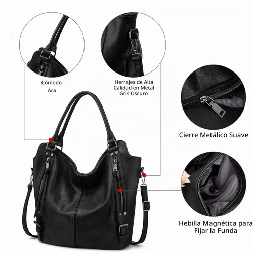 Vista 4 de Bolso hobo de portación oculta para mujer de piel sintética con bandolera, bolso de hombro grande con funda desmontable Negro