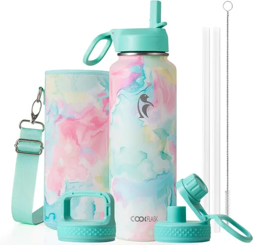 Vista 80 de Coolflask Botella de agua de 24 onzas aislada con pajilla, 3 tapas de metal de acero inoxidable, botella de agua de boca ancha para deportes u