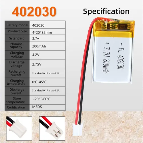 Vista 3 de 3.7V 180mAh 402030 Batería LiPo con conector JST PH2.0.000 in 2-Pin