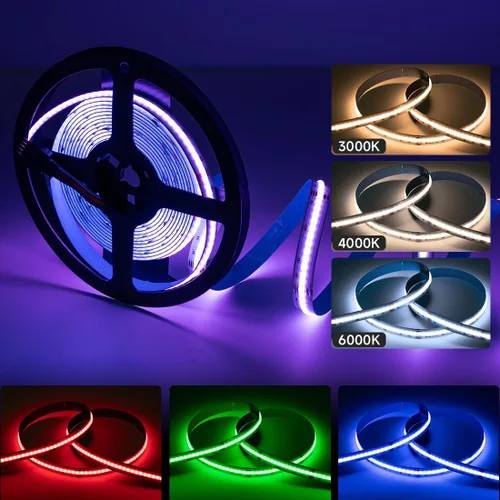 Vista 3 de SEZO RGBW COB LED Tira de luces RGB+blanco cálido 3000K 16.4FT/5M DC12V 896LEDs/m 0.472 in ancho FCOB RGBWW Flexible de alta densidad Uniforme Cinta