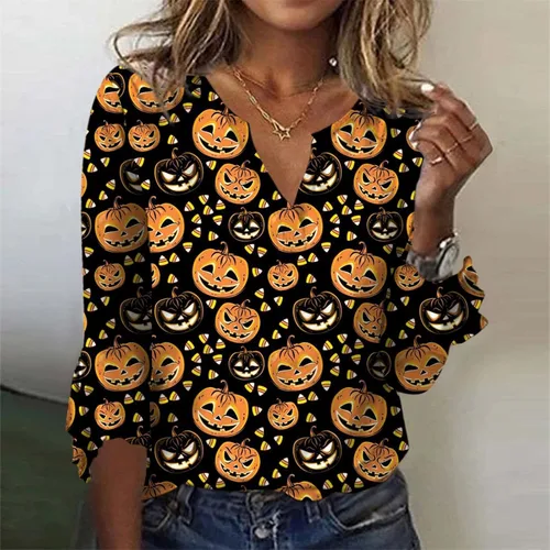 Vista 2 de Camisas de otoño con cuello en V, manga 34, trajes de otoño para mujer, 2023, festival de luz de calabaza, tops de Halloween QW072
