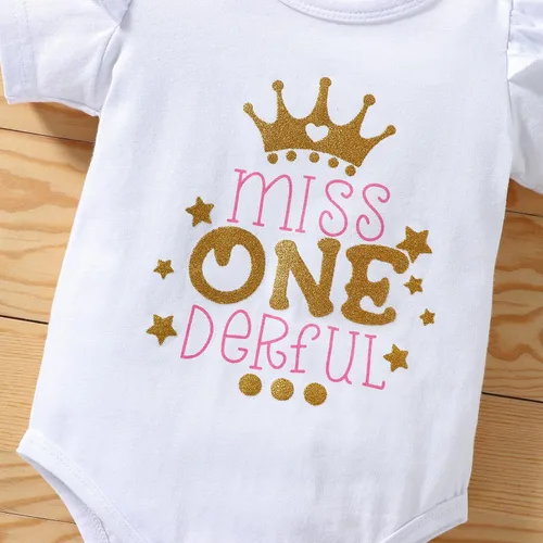Vista 8 de Conjunto de mameluco de algodón para el primer cumpleaños para niñas con lentejuelas y lazo para la cabeza, 3 piezas