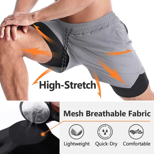 Vista 3 de Aolesy Pantalones cortos de correr 2 en 1 para hombre, pantalones cortos deportivos de entrenamiento para hombre, de secado rápido, ligeros