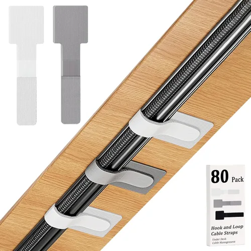 Vista 8 de 80 piezas de correas de velcro para cables, gestión de cables debajo del escritorio, bridas de cable autoadhesivas, organizadores de cables Blanco