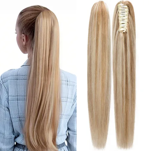Vista 11 de Rich Choices Extensión de cola de caballo con clip de garra, cabello humano real, una pieza, extensiones de cabello largo Remy para mujer, #18P613