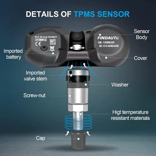 Vista 3 de FINDAUTO Repuesto para sensor de neumáticos de 315 MHz, sistema de monitoreo de presión de neumáticos TPMS para Buick para Cadillac para Chevrolet