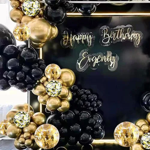 Vista 7 de Globos negros dorados, paquete de 60 globos de látex de 12 pulgadas negros metálicos cromados dorados con globo de confeti dorado para hombres