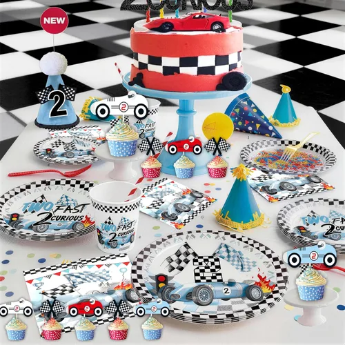 Vista 6 de Dos decoraciones de cumpleaños de 2º cumpleaños de auto de carreras rápidas, incluyen plato, taza, servilleta, telón de fondo, pancarta, mantel