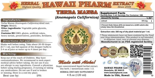 Vista 2 de Hawaii Pharm Yerba mansa (Anemopsis californica) Extracto Líquido 4x4 fl.oz