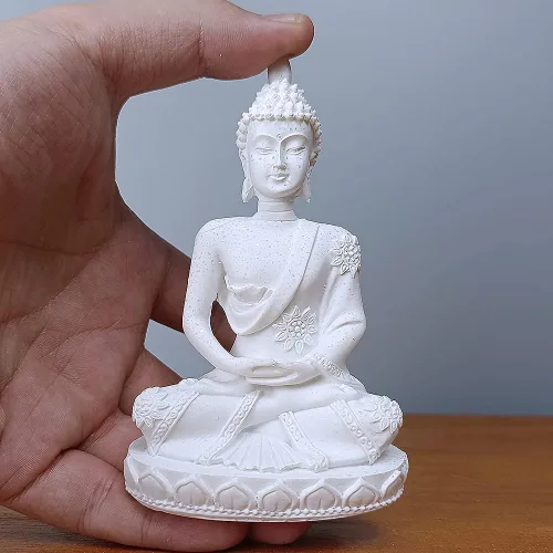 Vista 7 de HYFAN Estatua armoniosa de meditación de Buda de piedra arenisca para manualidades, escultura de Feng Shui, decoración para el hogar, oficina