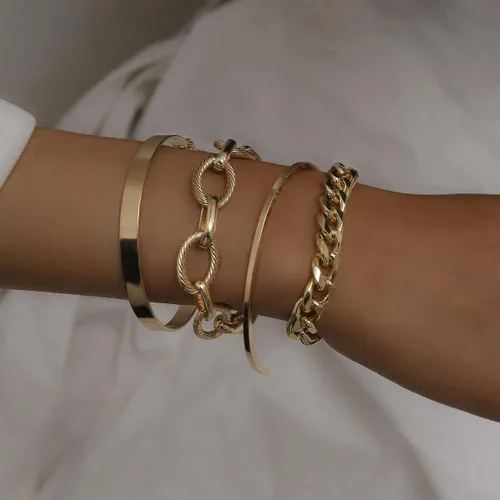 Vista 2 de Juego de pulseras de oro para mujer, delicadas, bohemias, apilables, de eslabones gruesos y gruesos, para hombres, Cristal Cobre, No es una piedra