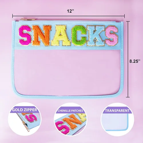 Vista 5 de Fablinks Bolsa transparente con cremallera para mujeres con parche de letras de chenilla, bolsa de viaje para aperitivos para adolescentes y niñas