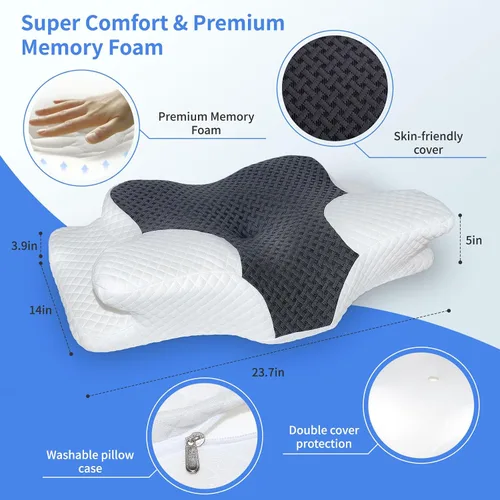 Vista 6 de Almohada cervical para el cuello para aliviar el dolor, almohada de cama de espuma viscoelástica de diseño hueco para dormir de lado y de espalda