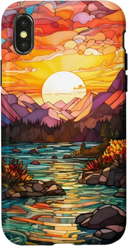 Vista 5 de Sunset Stained Glass Mosaic Landscape Scene Case for iPhone 17