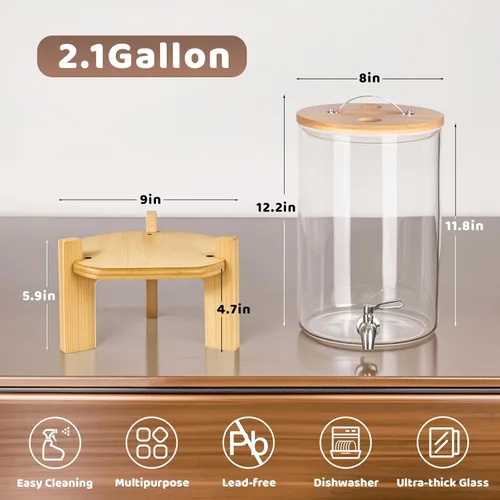 Vista 3 de Dispensador de bebidas de 2.1 galones, dispensador de bebidas de vidrio con soporte, dispensadores de bebidas para fiestas, dispensador de bebidas