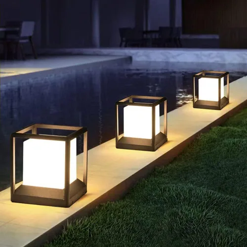 Vista 3 de Linterna de pilar negra, iluminación de cubierta de piscina, lámpara impermeable para poste de luz, luces de aluminio para exteriores con pantalla