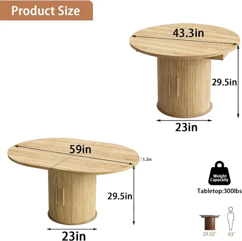 Vista 9 de Mesa de comedor redonda extensible de 43.3-59 pulgadas para 4-6-8, puerta corredera de madera estriada, mesa de cocina ovalada moderna, base