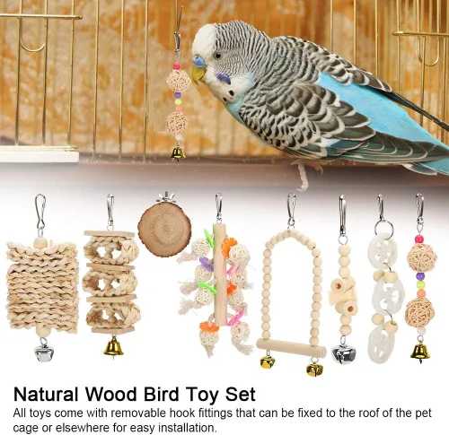 Vista 9 de Natural Wooden Parrot and Bird Toys Set Climbing Chew Toys 8 Pack with Swing Cage