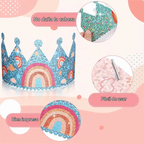 Vista 3 de Kathfly Sombreros de fiesta de cumpleaños arcoíris con corona de arco iris para cumpleaños de niños, eventos, suministros de fiesta temática de arco