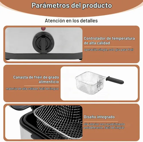 Vista 4 de Freidora eléctrica de acero inoxidable de 2.5 litros con canasta, Freidora Electrica Deaceite, tapa extraíble, temperatura ajustable con ventana
