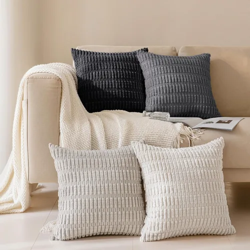 Vista 24 de Juego de 4 fundas de almohada decorativas de pana de 16 x 16 pulgadas, beige y verde Fundas de almohada suaves a rayas estilo bohemio moderno
