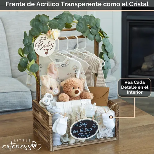 Vista 3 de Armario de madera para baby shower, cesta personalizada para baby shower, quemado con parte delantera de acrílico transparente