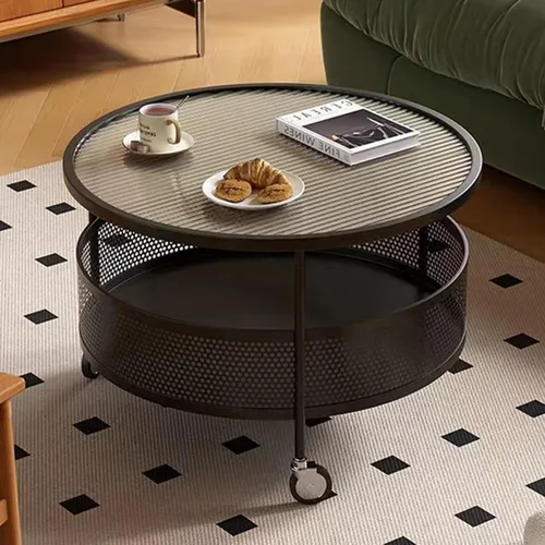 Vista 11 de Mesa de centro de cristal con ruedas giratorias, mesa de té redonda de 2 niveles con cesta de almacenamiento hueca de hierro, moderna mesa central