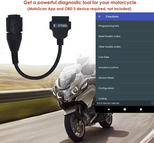 Vista 4 de Adaptador de diagnóstico OBD2 compatible con motocicletas BMW de 1996 a 2016 Conector redondo de 10 pines a cable hembra OBD II de 16 pines de 1 pie