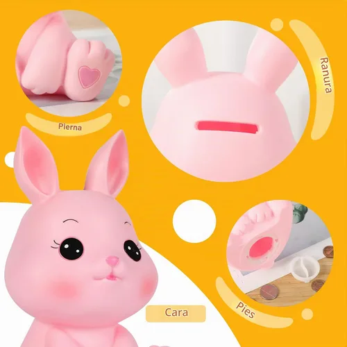 Vista 3 de H&W Little Bunny - Alcancía con diseño de conejo, el mejor regalo de cumpleaños, color rosa