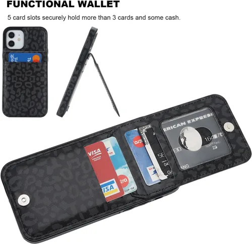 Vista 4 de Vaburs Funda compatible con iPhone 12 y iPhone 12 Pro con tarjetero de crédito, diseño de leopardo negro, cierre magnético de piel sintética de alta