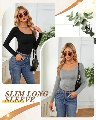 Vista 5 de 3 piezas de camisetas cortas básicas de manga larga para mujer, ajustadas, cuello redondo, color liso, casual, para mujer