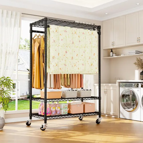 Vista 7 de ULIFHOME P7 - Perchero enrollable para ropa, estantes para colgar ropa, estante resistente para prendas con ruedas, estante de clóset portátil de 3