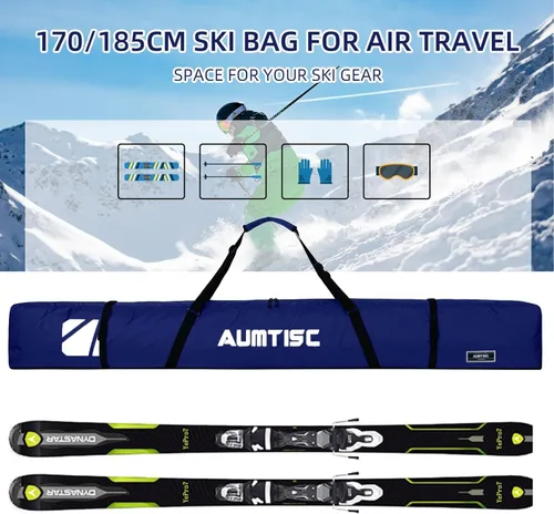 Vista 5 de AUMTISC Bolsa de esquí totalmente acolchada, bolsas de esquí individuales para viajes aéreos, bolsa de esquí de nieve impermeable para volar con asa