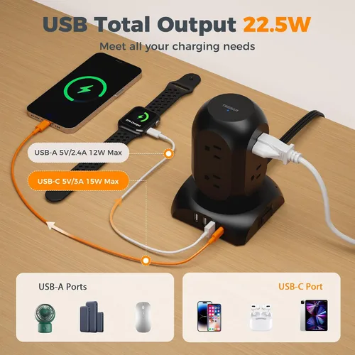 Vista 3 de Protector de sobretensiones negro en torre, TESSAN - Cable de extensión con enchufe plano de 10 pies con 8 salidas de CA y 4 puertos USB (1 USB C)