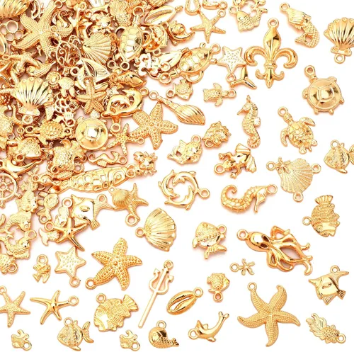 Vista 9 de MARFOREVER - 120 dijes de mar con temática oceánica para hacer joyas, dijes de playa Assorted Gold Enamel Starfish Seashell Marine Pendants