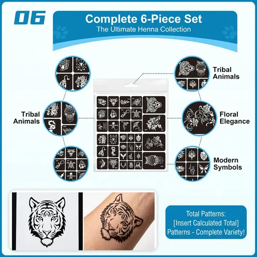 Vista 8 de Kotbs 6 hojas de plantillas temporales de tatuaje, 34 piezas de plantillas de tatuajes de henna con patrón de tótem de tigre y lobo, plantillas