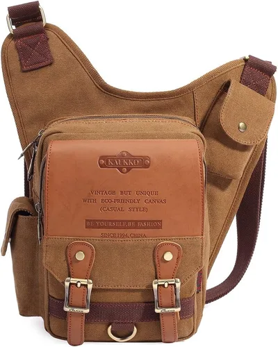 Vista 22 de Bolso de mensajero de lona vintage para hombre, bolso de mensajero de retazos de cuero en el pecho