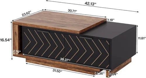 Vista 2 de Tribesigns - Mesa de café extensible con 2 cajones de almacenamiento, mesa central de dos tonos con tablero deslizante, mesa de cóctel rectangular