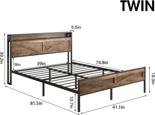 Vista 2 de Halitaa Base de cama LED de tamaño individual con estación de carga, plataforma de metal con almacenamiento de cabecera y puertos USB, marco de cama