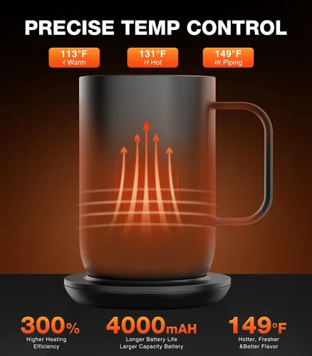 Vista 2 de Kepwam Taza de Café Autocalentante T1, Taza de Café Recargable Calentada de 16oz, Taza de Café Inteligente con Calentamiento Controlado por