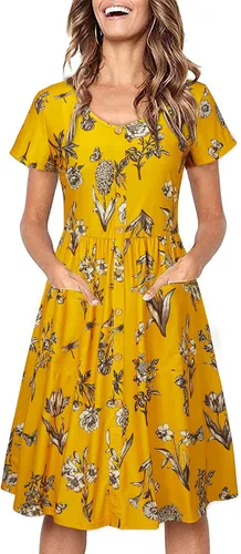 Vista 3 de VOTEPRETTY - Vestido ligero de verano con botones y bolsillos para uso informal, vestido con estampado floral, manga corta y cuello en V para mujeres