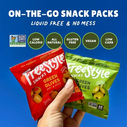 Vista 5 de Freestyle Snacks Paquetes de aperitivos de oliva, como se ve en Shark Tank, una sola porción, aceitunas frescas sin hueso, cultivadas en Grecia