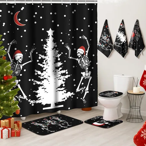 Vista 7 de Newwiee Juego de 7 Piezas para Baño de Navidad Decoración de Cortina de Ducha Xmas Cortina de Ducha Alfombras Antideslizantes y Toallas de Cocina 3