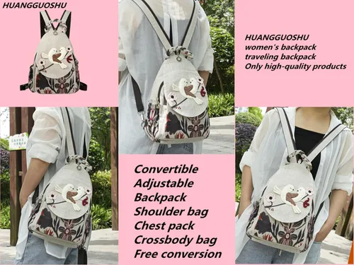 Vista 103 de HUANGGUOSHU Mochila de algodón tejida de algodón bohemio con bordado de lona estilo bohemio con múltiples bolsillos retro linda mochila cartera