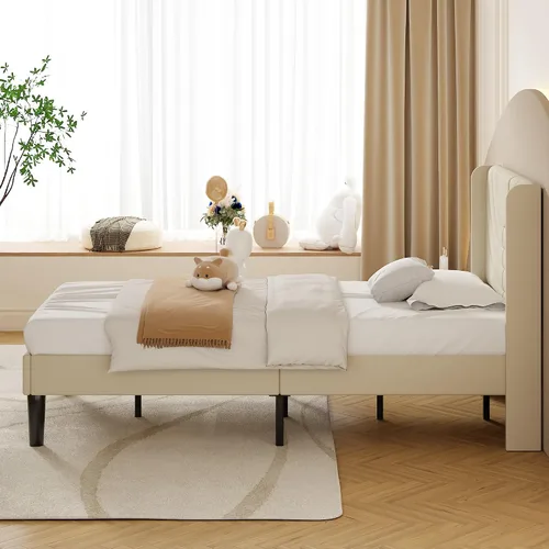 Vista 5 de VECELO Marco de Cama Tamaño Twin Plataforma Tapizada con Cabecera de Tela Ondulada/Soporte de Listones de Madera/No Necesita Somier/Base de Colchón